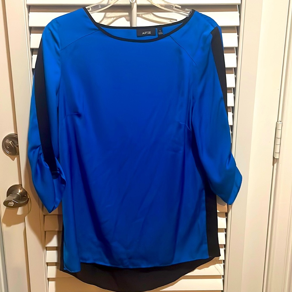 royal blue & black blouse with ruching at sleeves and back cutout detail